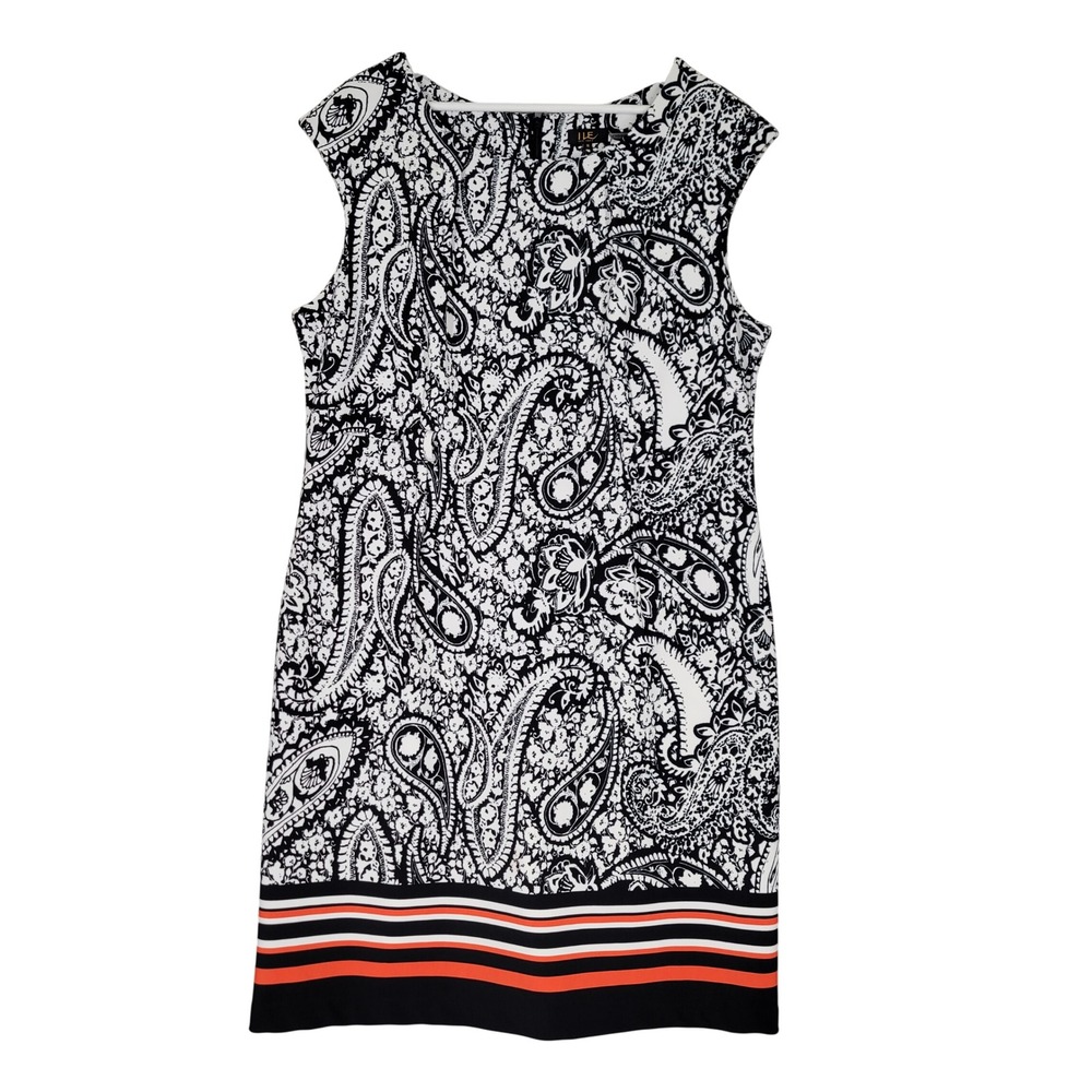 ILE New York Paisley Shift Dress Womens 16 Black White Orange Striped Hem Pique